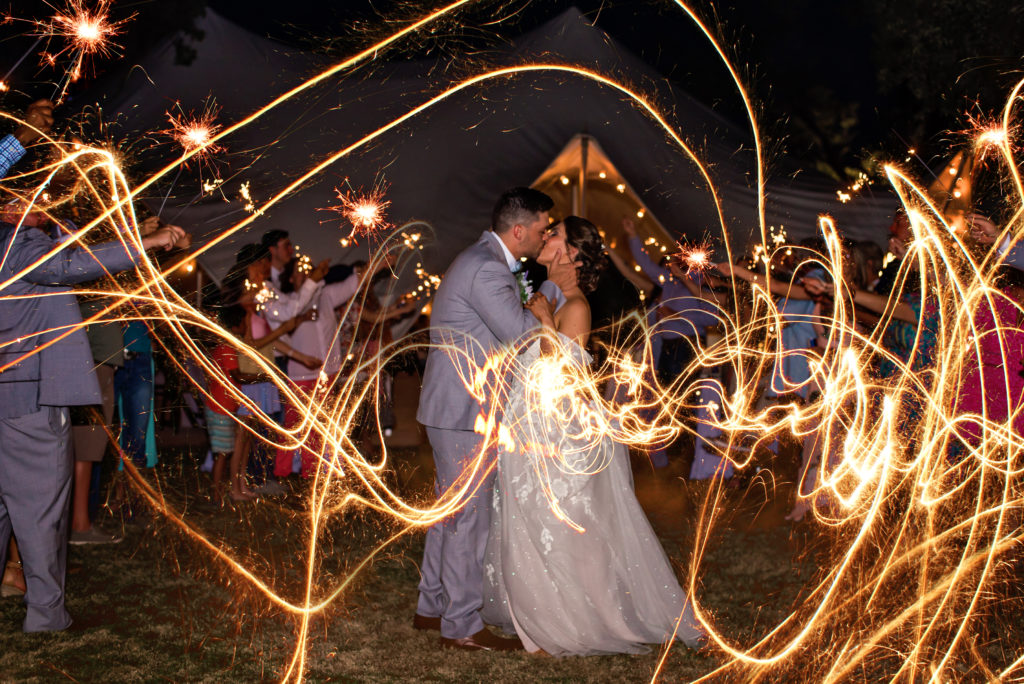 Bride and groom sparkler send off