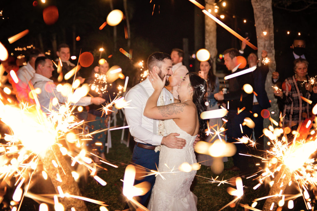 Bride and groom sparkler send off