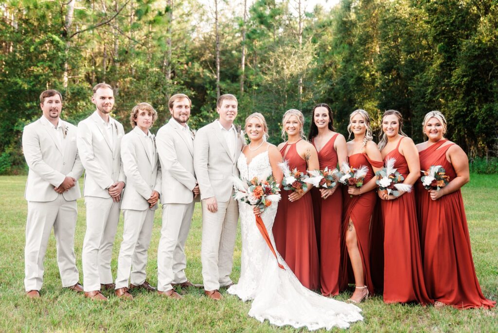 wedding party for fall wedding at rustic oaks ranch wedding 