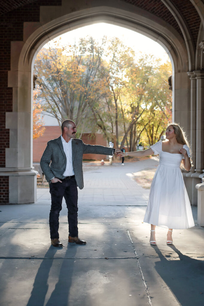 couple dancing at their princeton university engagement session