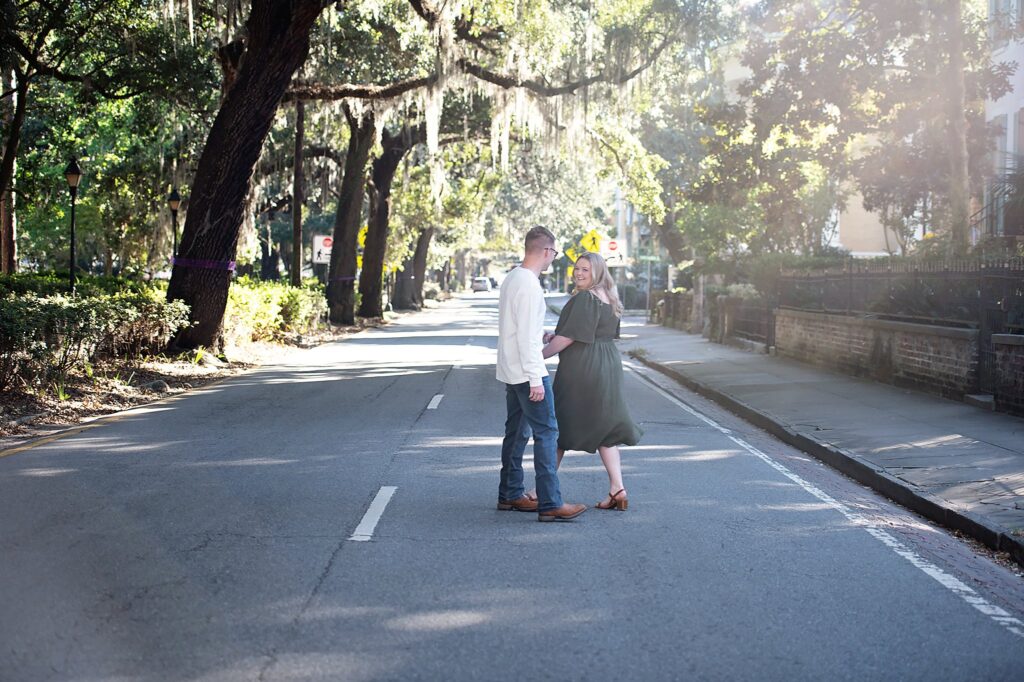 couple walking in the street together