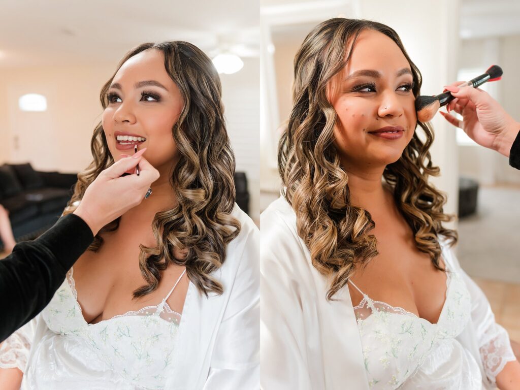 bride getting hair and makeup done