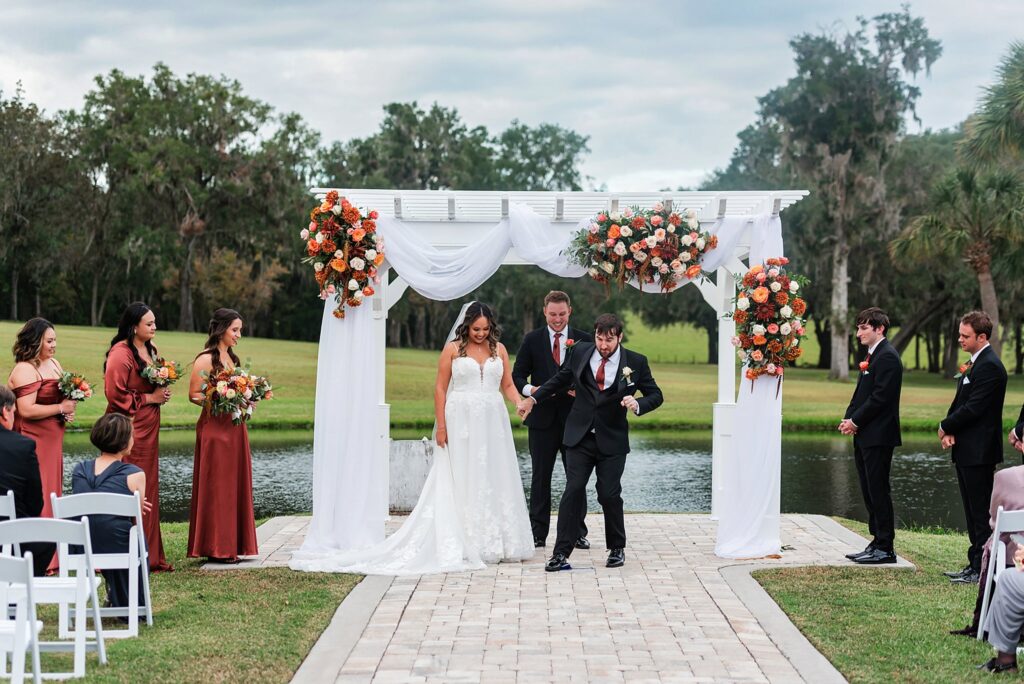 bride and groom at end of ceremony at valley view