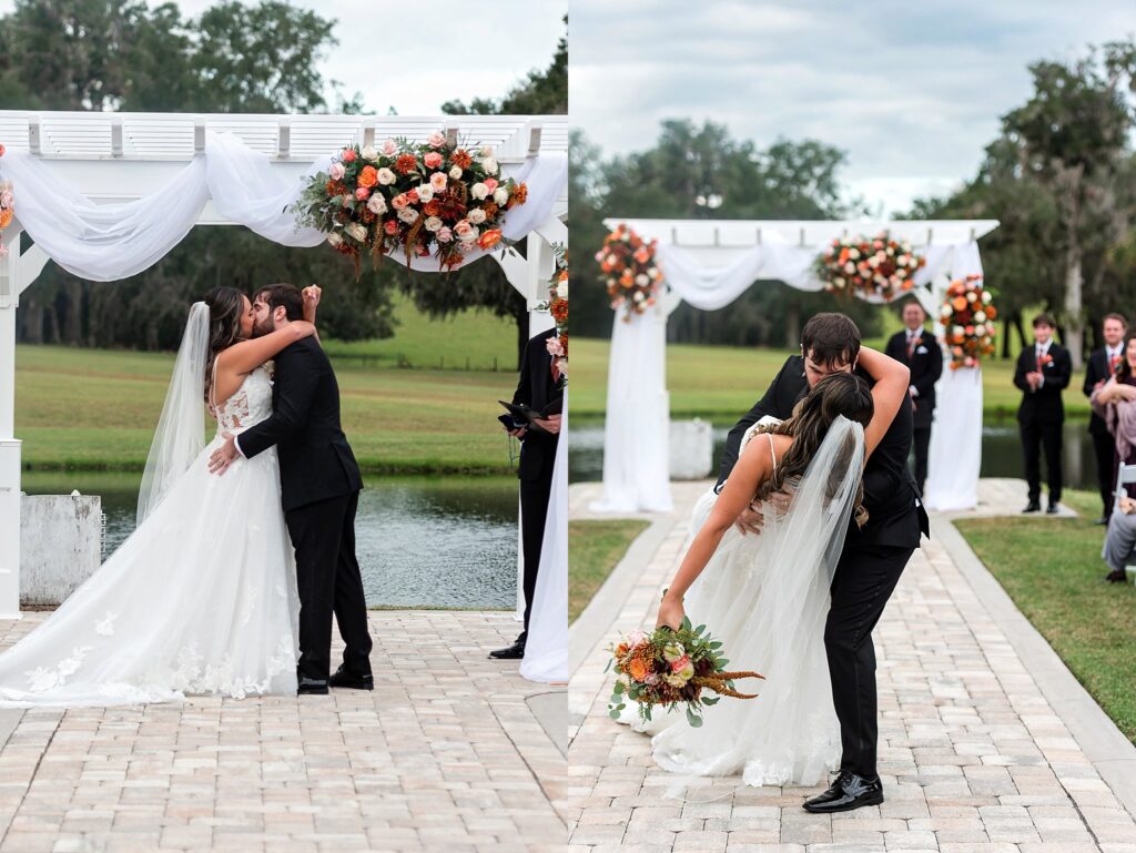 bride and groom first kiss at valley view