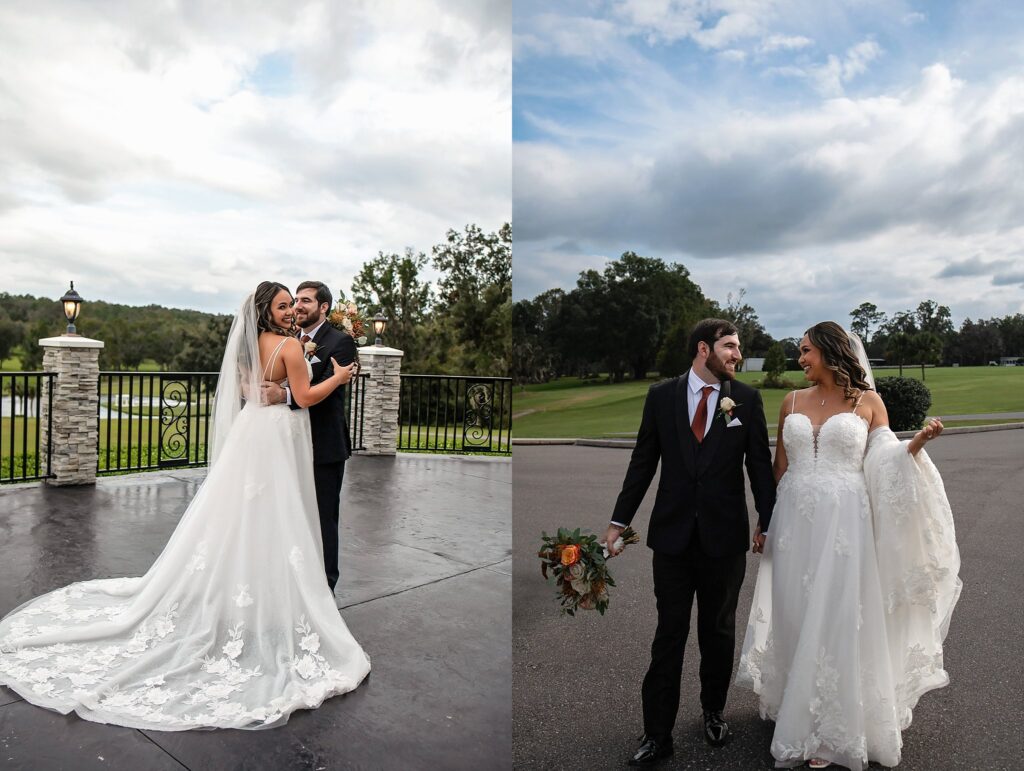 bride and groom walking and kissing