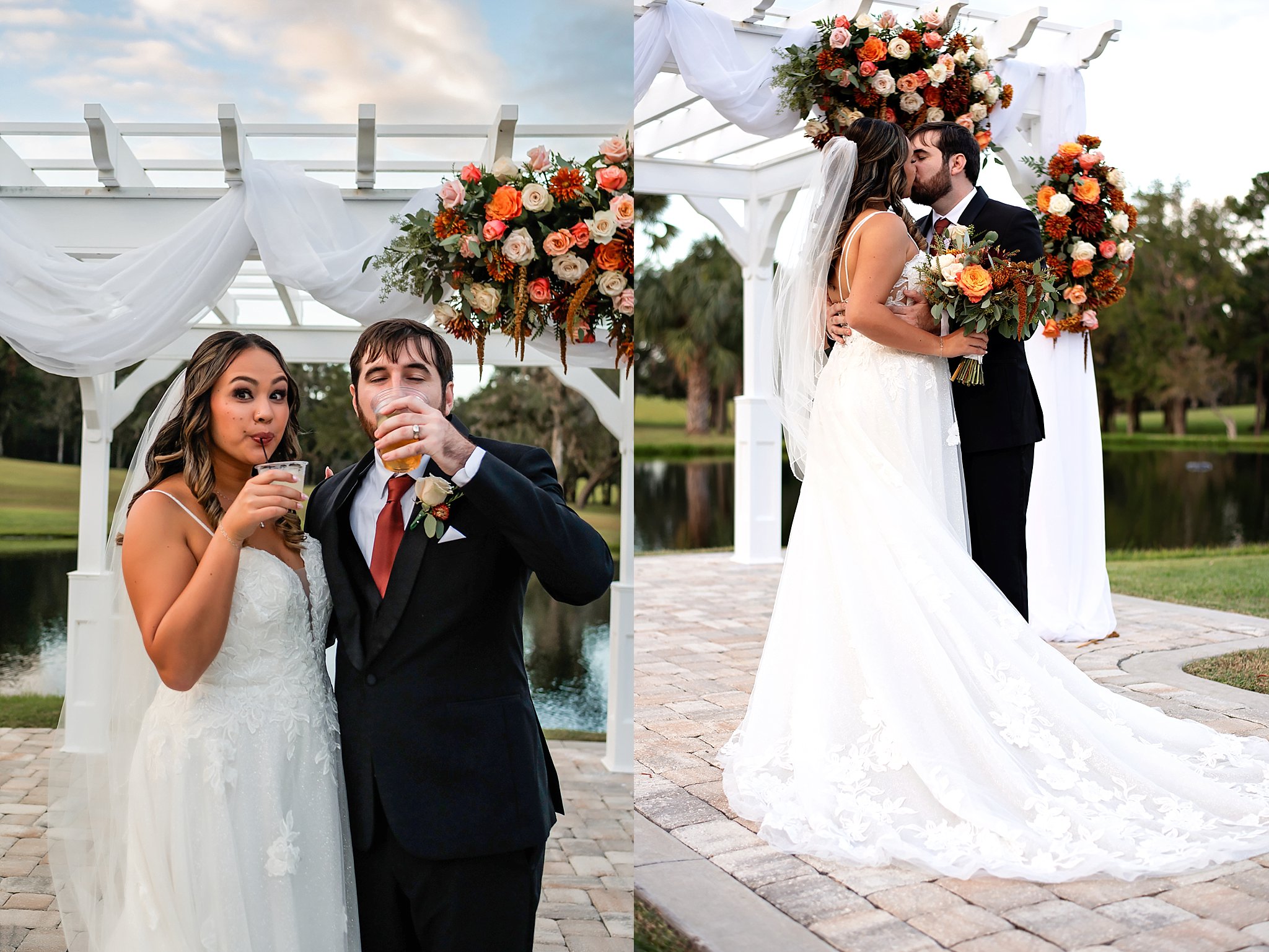 bride and groom sharing a drink