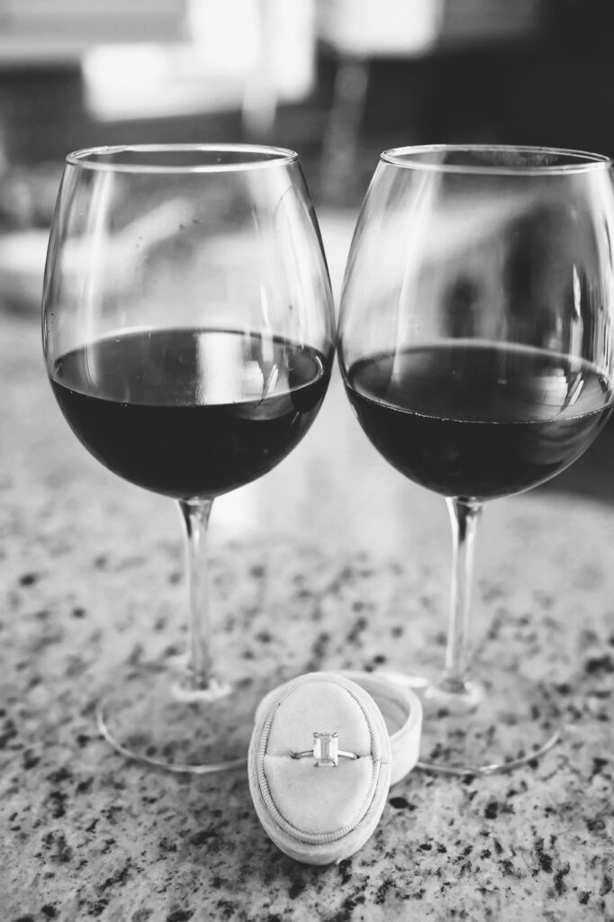 engagement ring shot wine glasses lifestyle session 