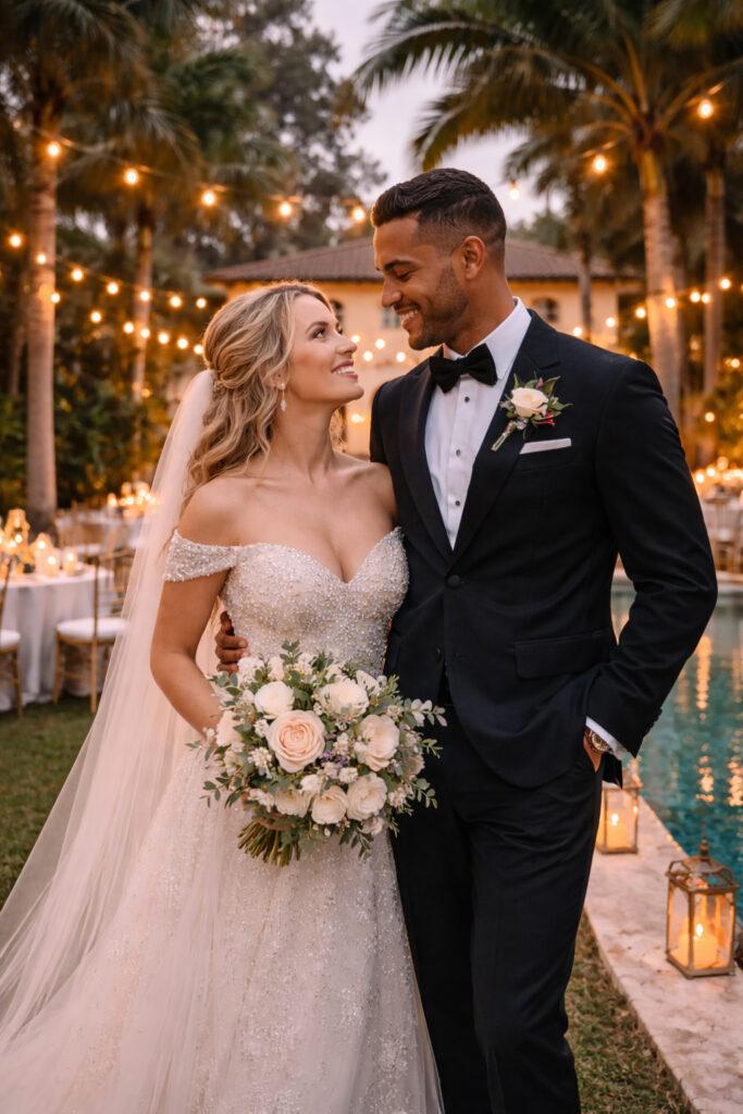 a bride and groom at their backyard miami wedding