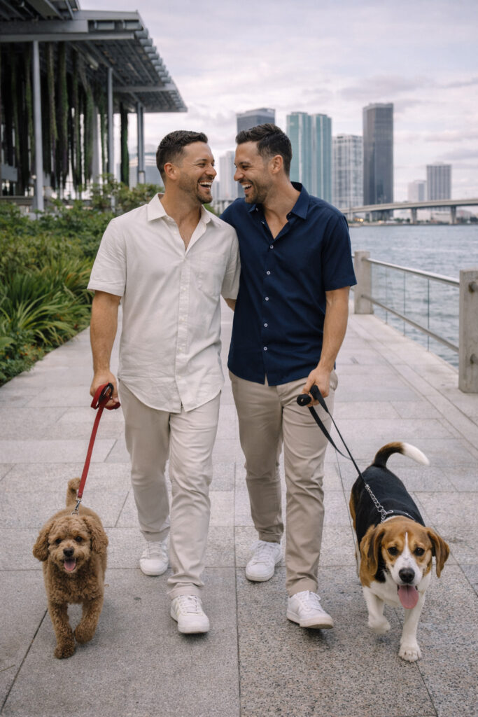 A same sex male couple engagement session at museum park pamm area in miami florida Best Engagement Photo Locations in Miami (By Vibe + Neighborhood)