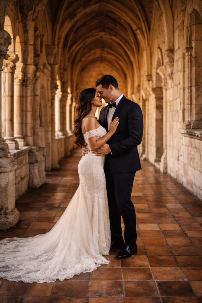 The Spanish Ancient Monestary Wedding Venue in Miami Florida. A bride and Groom touching noses and posing on their wedding day.
