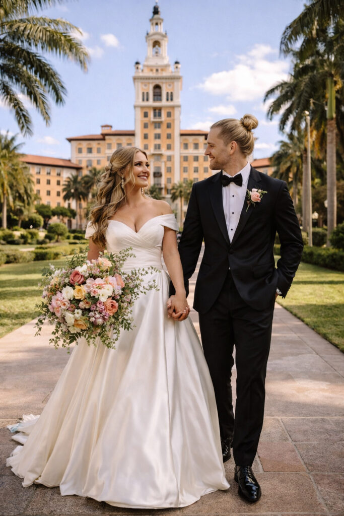 A bride and groom holding hands and walking on their wedding day at the Biltmore gables wedding venue.