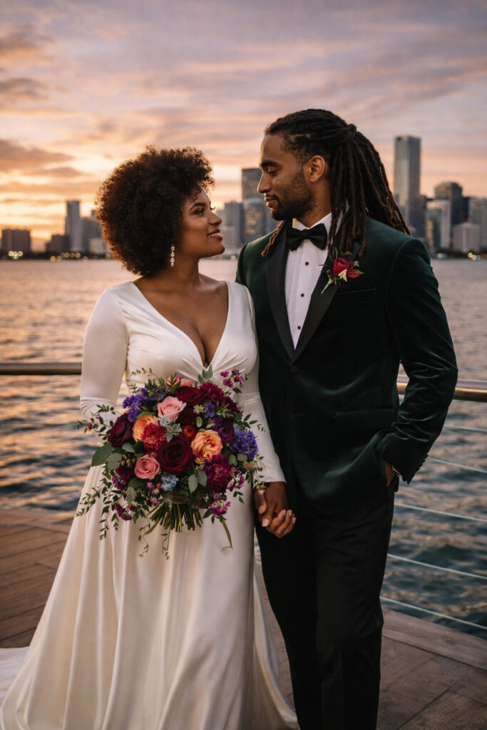 a beautiful black couple on their wedding day smiling at the rusty pelican miami wedding venue
