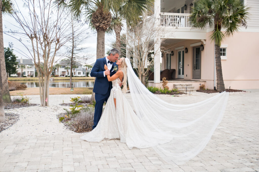 Golden hour portrait of bride and groom at Atlantic Beach Florida intimate wedding near the coast