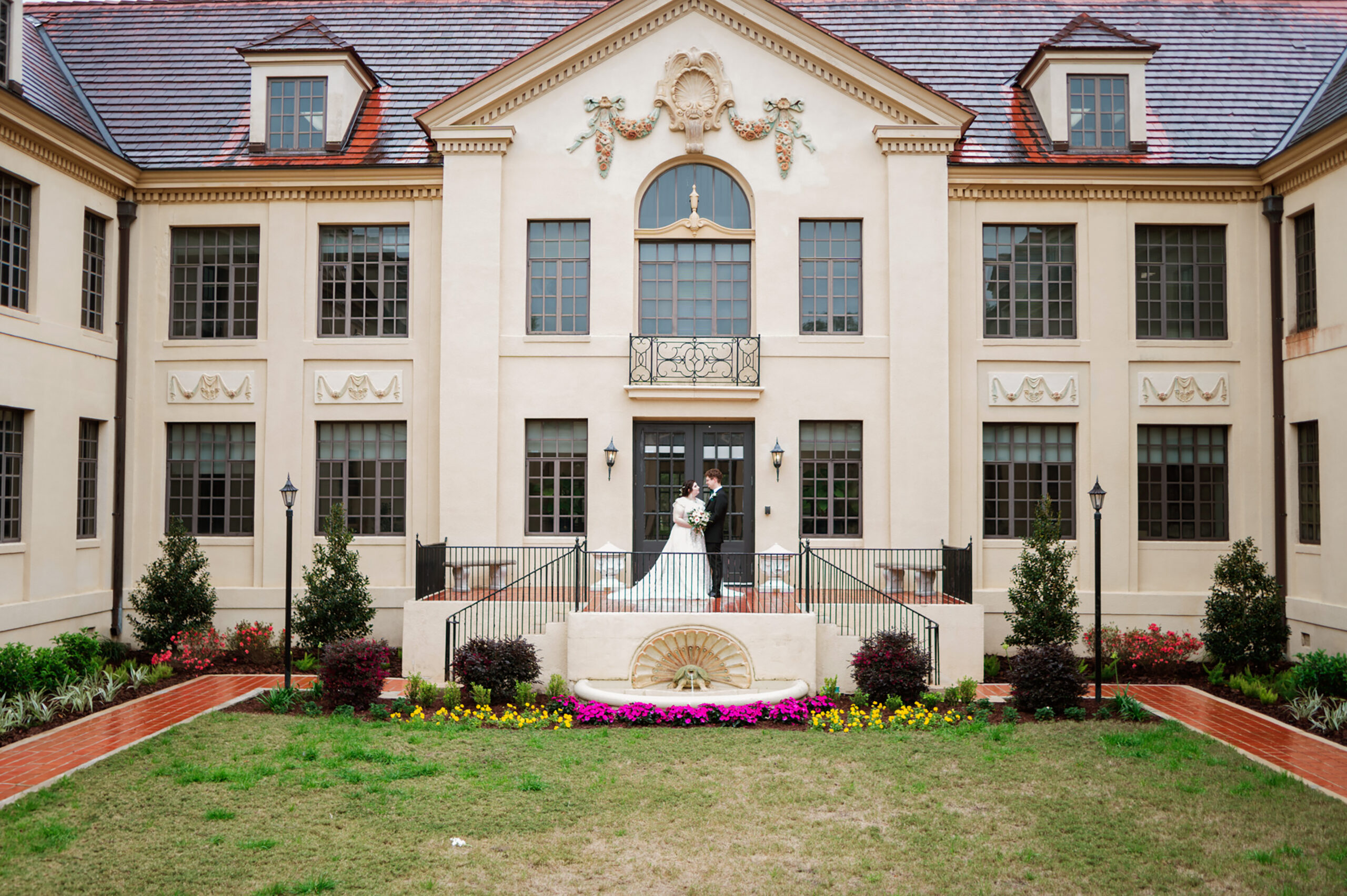 Romantic courtyard portrait from a Thomas Center wedding photographed in Gainesville Florida