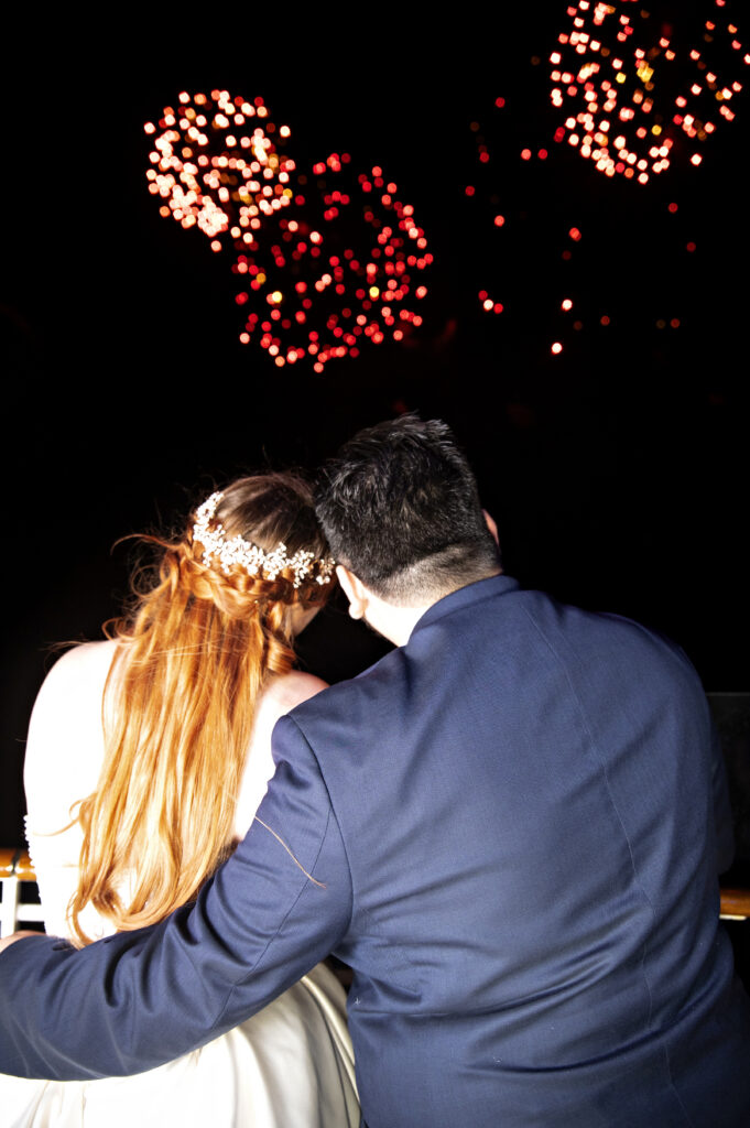 Disney Wish wedding portraits on upper deck at sunset